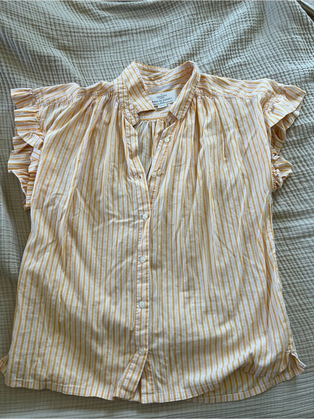 Trovata - Birds of Paradise Mustard and White Striped Button-Down Top